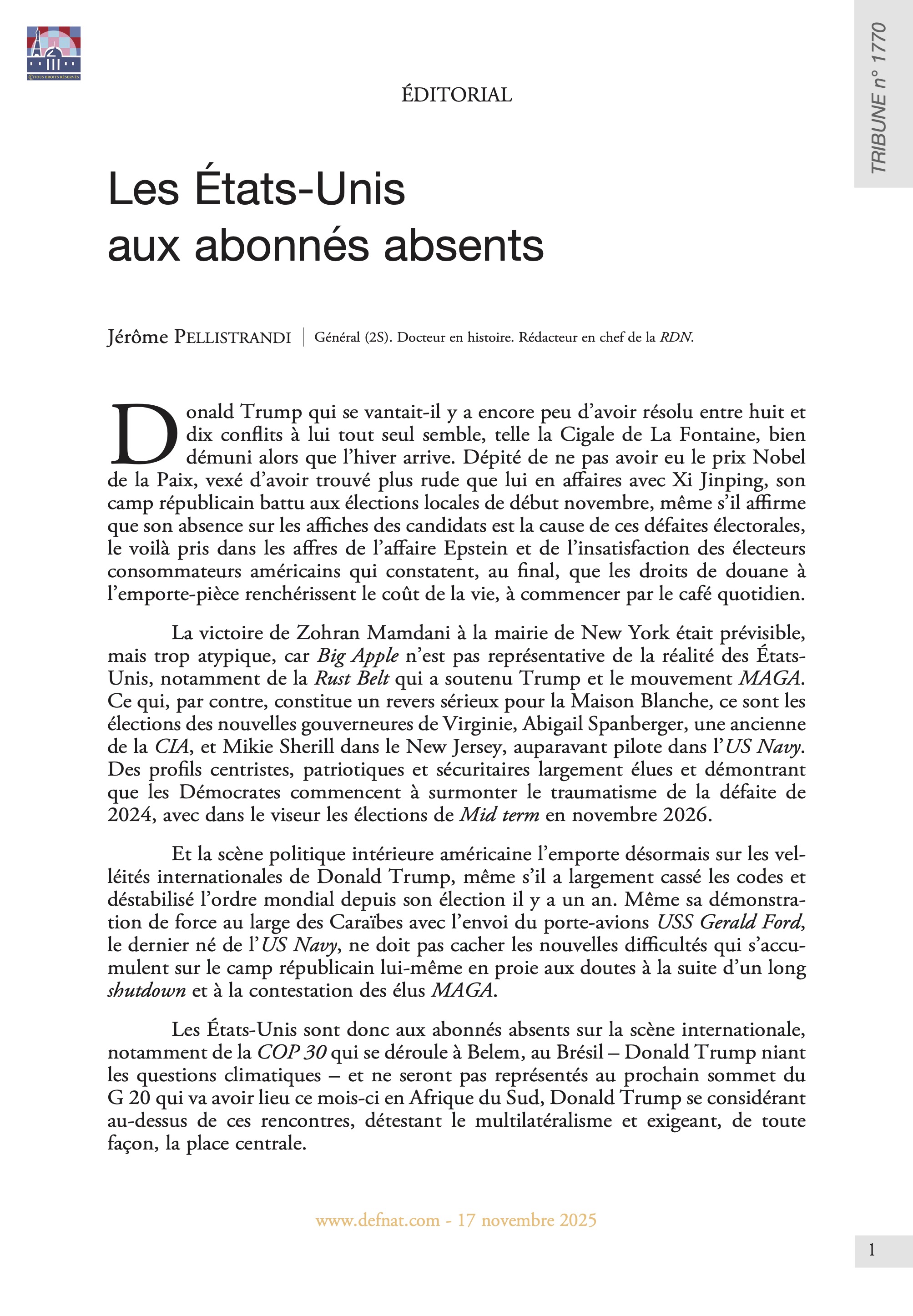 &Eacute;ditorial &ndash;&nbsp;Les&nbsp;&Eacute;tats-Unis aux&nbsp;abonn&eacute;s&nbsp;absents (T&nbsp;1770)
